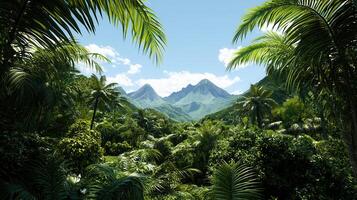 Lush Tropical Paradise Palm Trees Framing Volcanic Mountains under a Sunny Sky photo