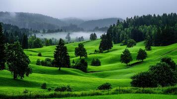 Serene Rolling Green Hills Landscape with Lush Forest and Misty Mountains photo