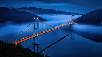 Majestic Suspension Bridge at Dusk Foggy Mountains Serene Landscape photo