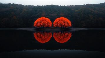 Stunning Autumnal Reflection Two Vibrant Red Maple Trees Mirrored in a Serene Lake photo