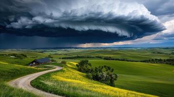 Dramatic Storm Clouds over Rolling Green Hills and Farmland Landscape photo