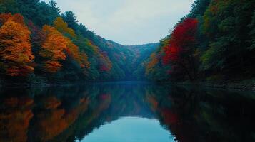 Serene Autumn Lake Reflections Colorful Fall Foliage in a Picturesque Forest photo
