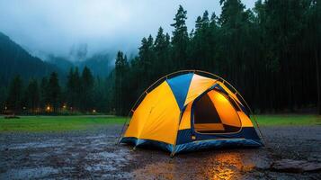 Illuminated Camping Tent in a Rainy Mountain Forest at Night photo