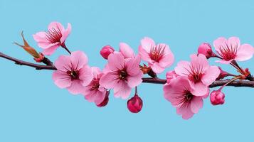 Delicate Pink Cherry Blossoms Branch Spring Flowers on Blue Background photo