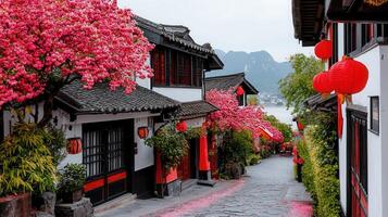 Scenic Asian Street Pink Blossom Trees Traditional Architecture Cobblestone Path Red Lanterns photo