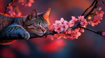 Serene Tabby Cat Napping on Cherry Blossom Branch at Sunset photo