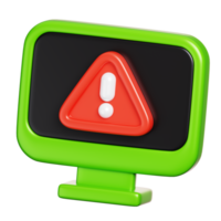 Computer screen displays with caution, attention, warning, error, alert sign. Computer network and cyber security icon. 3D illustration png