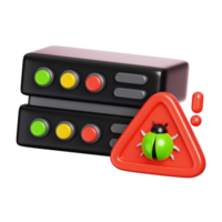 Database storage server with virus bug on alert warning sign. Computer network and cyber security icon. 3D illustration png
