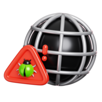Web browser with virus bug on alert warning sign isolated. Computer network security icon. 3D illustration png