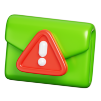 Spam alert email warning isolated. Envelope icon with exclamation mark. Computer network security icon. 3D illustration png
