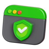 Approved site and browser isolated. Security shield checkmark on webpage. Network security icon. 3D illustration png
