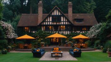 Luxurious Evening at a Tudor Style Mansion with Outdoor Patio and Orange Umbrellas photo
