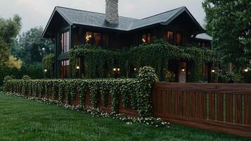 Luxurious Green Ivy Covered House with Wooden Fence and Lush Lawn at Dusk photo