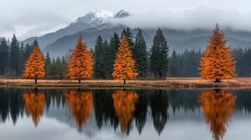 Four Autumnal Trees Mirrored in Calm Lake with Mountain Background photo
