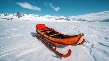 Wooden Sled on Snowy Landscape with Mountain View Arctic Winter Adventure photo