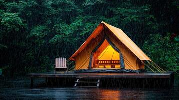 Illuminated Camping Tent on a Rainy Night Wooden Deck Forest Setting photo