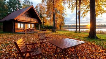 Stunning Autumn Sunset at Lakeside Log Cabin with Fall Foliage and Patio Furniture photo