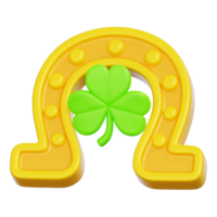 Golden horseshoe with a clover shamrock leaf for St. Patrick's Day celebrations icon. 3D Rendering png