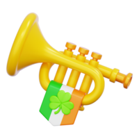 Trumpet with clover shamrock leaf on Irish flag for St. Patrick's Day celebrations. 3D Rendering. png
