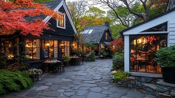Charming Autumn Evening at Stone paved Courtyard Restaurants with Illuminated Windows photo