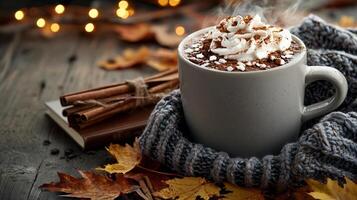 Cozy Autumn Hot Chocolate Drink in Mug with Whipped Cream and Cinnamon Fall Leaves photo