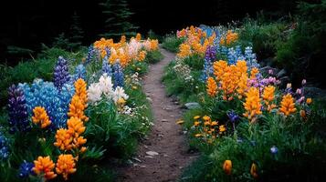Serene Garden Path Lined with Vibrant Lupine and Wildflowers Blooming Spring Landscape photo