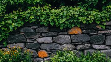 Lush Green Vines Overgrown on Rustic Dark Grey Stone Wall with Yellow Flowers photo
