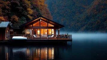 Luxurious Lakefront Cabin Retreat Autumn Evening Serenity on Still Waters photo