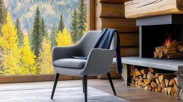 Cozy Modern Armchair by Fireplace in Rustic Cabin with Autumn Mountain View photo