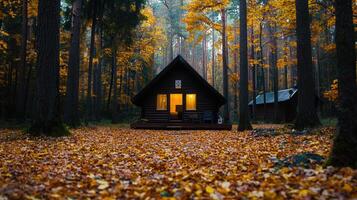 Cozy Autumn Cabin in the Woods Illuminated at Dusk Fall Foliage photo