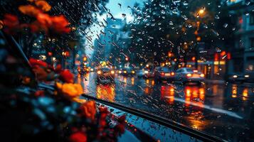 Rainy Night Cityscape Viewed Through Car Window with Rain Drops and Flowers photo
