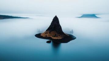 Serene Misty Mountain Peak on a Small Island in a Calm Lake photo
