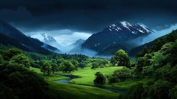 Serene Green Valley Landscape with Majestic Snow Capped Mountains and Winding River photo