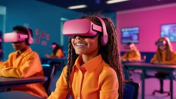 Happy Girl Wearing VR Headset in Classroom Immersive Tech Education Diverse Students photo