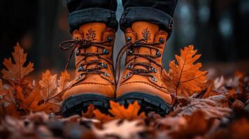 Autumnal Hiking Boots on Fallen Leaves Close Up View of Orange Leather Footwear photo