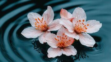 Serene Pink Flowers Floating on Dark Water Tranquil Nature Scene Floral Beauty photo