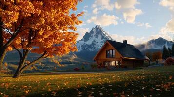 Stunning Autumn Log Cabin nestled in Mountain Valley with Colorful Fall Foliage photo