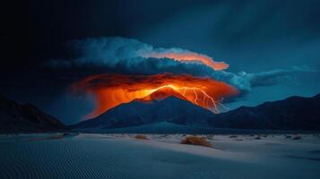 Dramatic Desert Landscape Lightning Storm over Mountain Range at Night photo