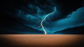 Dramatic Desert Landscape with Lightning Strike Stormy Clouds and Mountains at Night photo