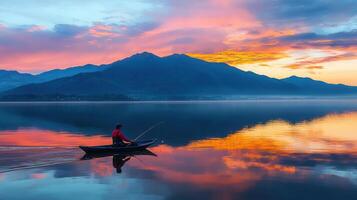 Serene Sunrise Fishing Man in Boat on Calm Lake with Mountain Reflections photo