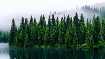 Serene Evergreen Forest Reflecting in Calm Lake Mist photo