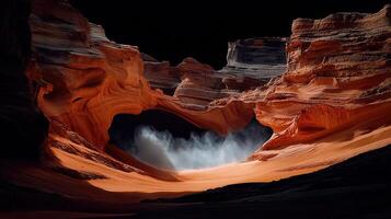 Dramatic Desert Canyon Landscape Windswept Sand and Rugged Red Rock Formations photo