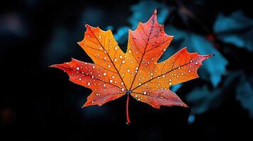 Vibrant Autumn Maple Leaf with Dew Drops Close Up Nature Photography photo