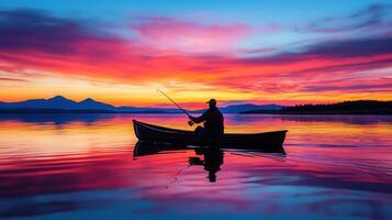 Serene Fisherman in Canoe at Vibrant Sunset Mountain Lake Landscape photo