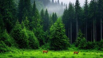Two Deer in Lush Green Forest Meadow Rain Coniferous Trees photo