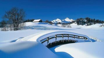 Serene Winter Landscape Snow Covered Bridge Cabin and Majestic Mountains photo