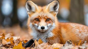 Red Fox in Autumn Leaves Close Up Portrait Wildlife Photography Wild Animal photo
