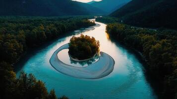 Serene Island River Bend Aerial View of Lush Green Landscape at Sunset photo