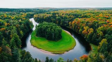 Serene Autumn River Landscape Island in a Horseshoe Bend Aerial View photo