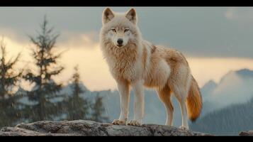 Majestic Light Colored Wolf Standing on Rock in Rain Dramatic Mountain Landscape photo